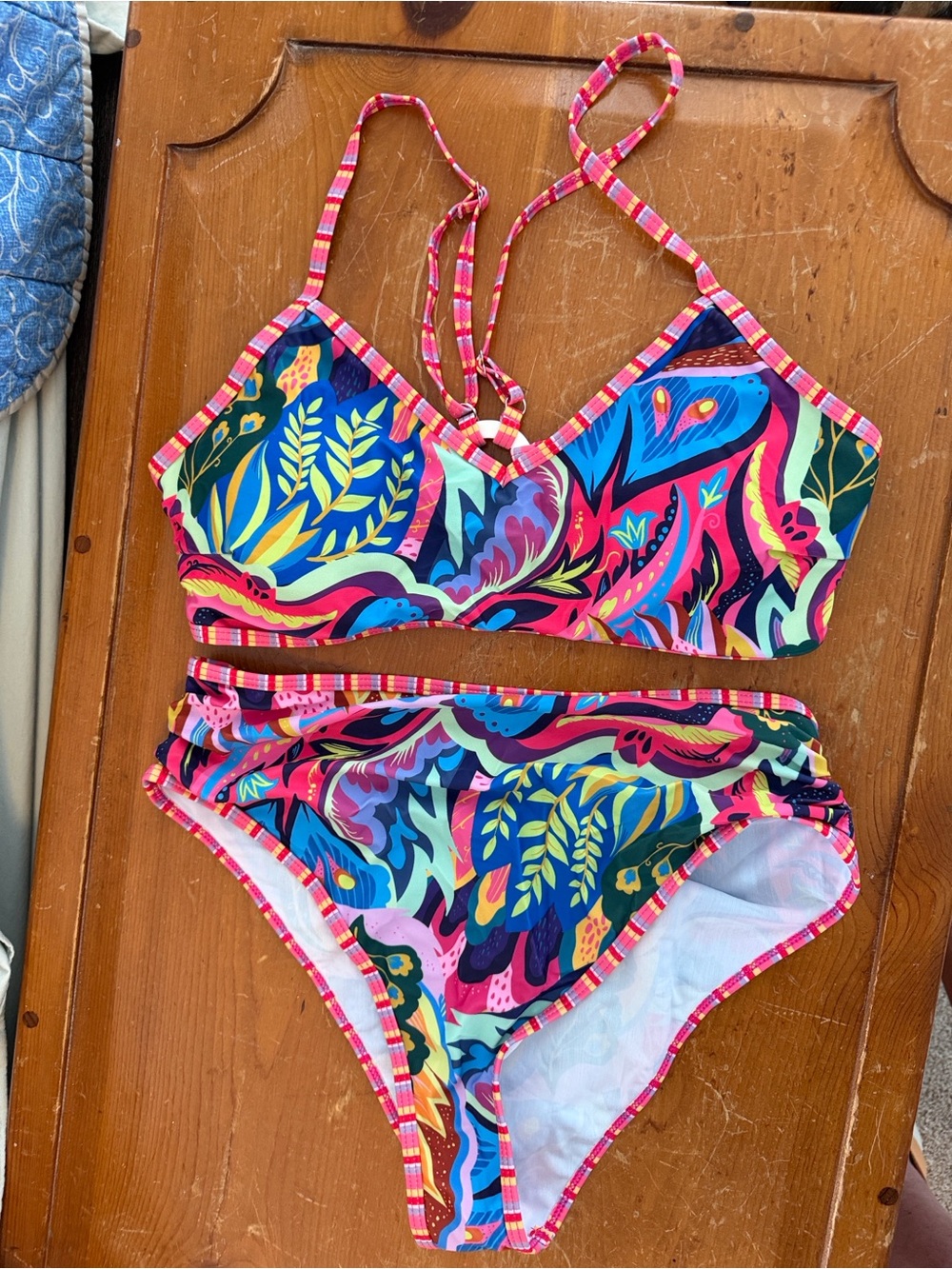 SHEIN Multicolor Abstract Floral Two-Piece Bikini - Pink Blue Yellow